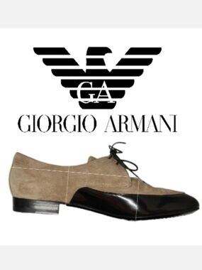 Giorgio Armani Vintage Tan Suede Oxfords & Black Patent Leather Trim Itaian 40